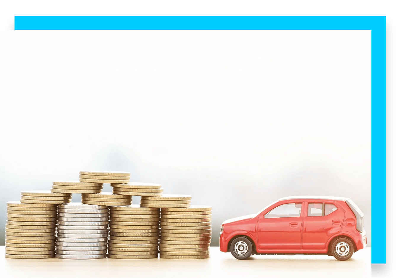 A red car sitting in front of stacks of coins.